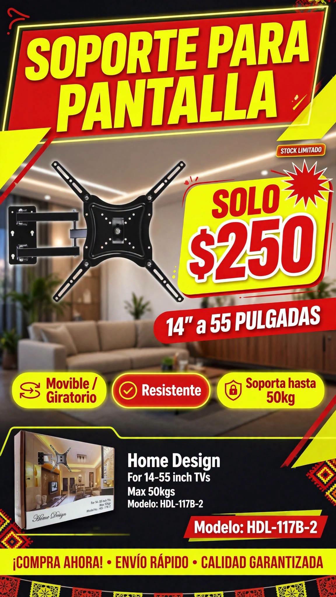 Soporte Brazo Articulado para TV 14" a 55" - Hasta 50KG | Giratorio e Inclinable - Modelo HDL-117B-2